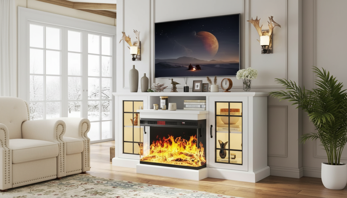 Farmhouse Fireplace TV Stand: 3-Sided View + LED Flames